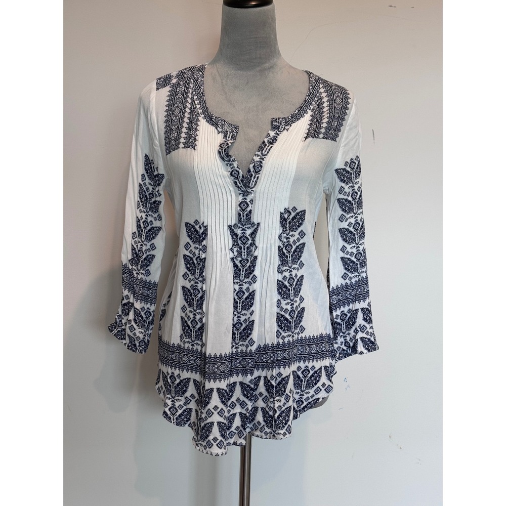 Pale Sky Womens Blue White Geometric Pintuck Tunic Top Bohemian Blouse Size M